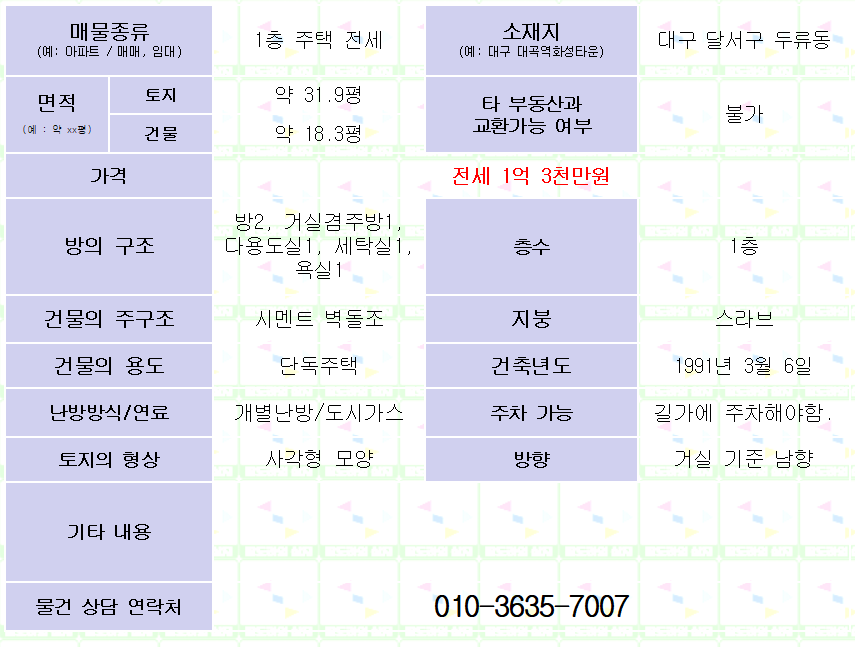 <대구 달서구 두류동 주택 1층 전세. 1억 3천만원> 올수리. 성남초등 6분 거리.