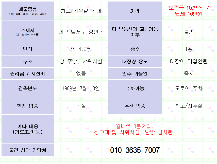 <대구 달서구 상인동 창고/사무실 임대. 100/10> 약 4.5평. 수도/샤워시설/난방 설치됨. 월배역 3분거리. 매물 사진 1
