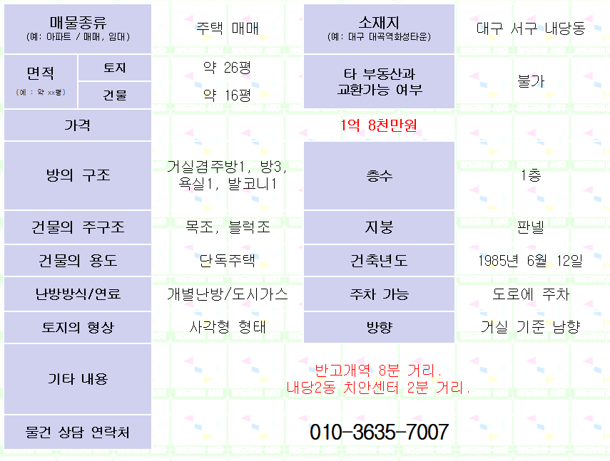 <대구 서구 내당동 주택 매매. 1억 8천만원> 올수리. 방3,욕실1. 내당2동치안센터2분.