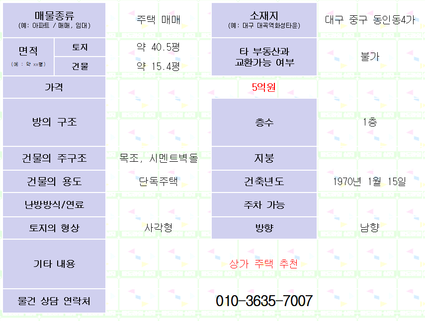 <대구 중구 동인동4가 주택 매매. 5억> 대지 약 40.5평. 상가주택 추천.