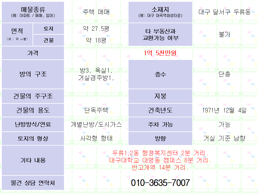 <대구 달서구 두류동 올수리 리모델링 주택매매. 1억 5천만원> 방3개,욕실1. 두류1,2동주민센터 근처.