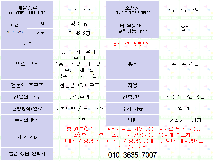 <대구 남구 대명동 3층 주택 매매. 3억 7천 5백만원> 교대역 10분 거리.
