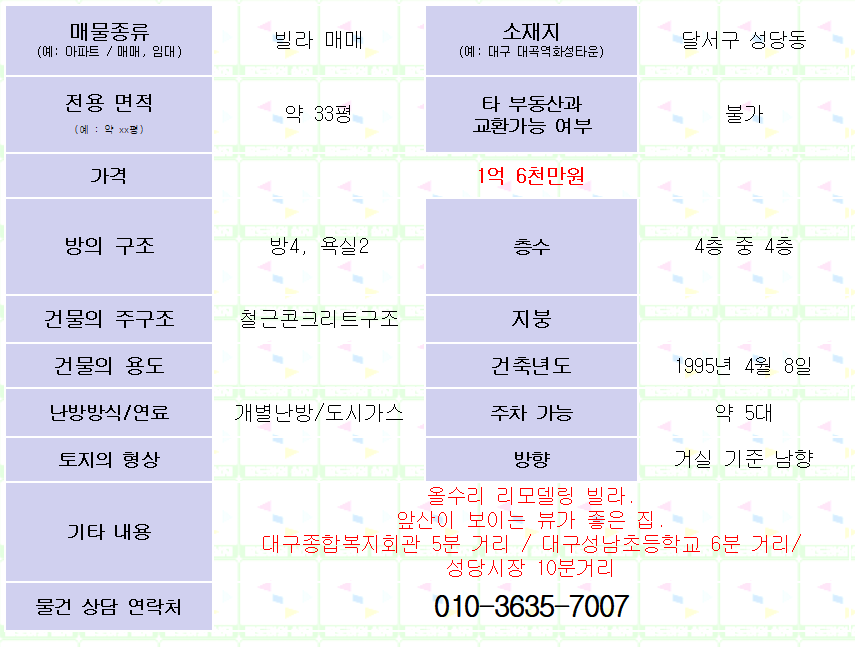 올수리 리모델링 33평 빌라 매매. 1억 6천만원. 대구 달서구 성당동 매물 사진 1