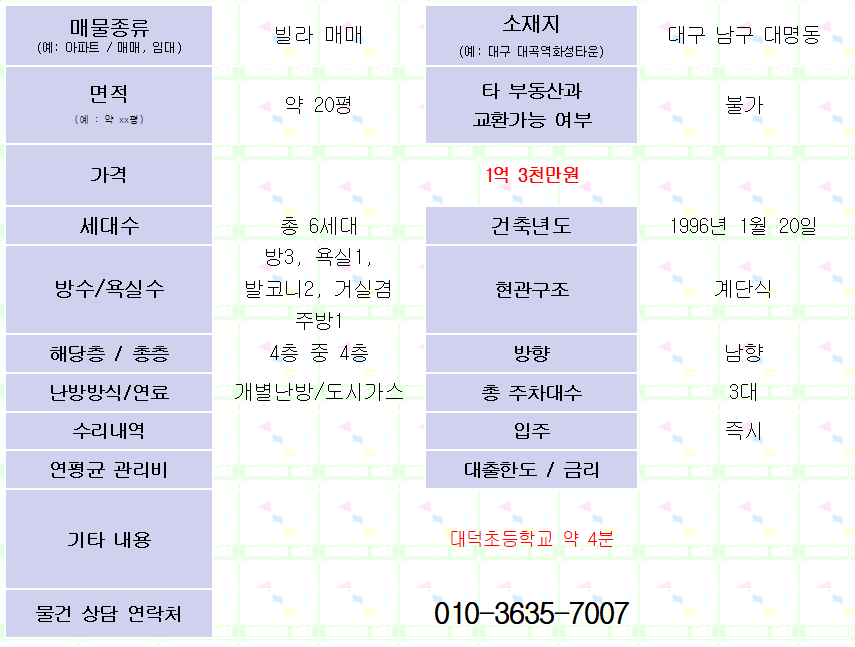 대구 남구 대명동 빌라 매매. 방3/욕실1. 1억 3천만원. 매물 사진 1