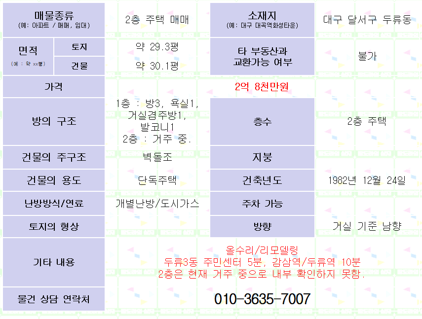 대구 달서구 두류동 2층 주택 매매. 방3/욕실1. 매매가2억8천만원.