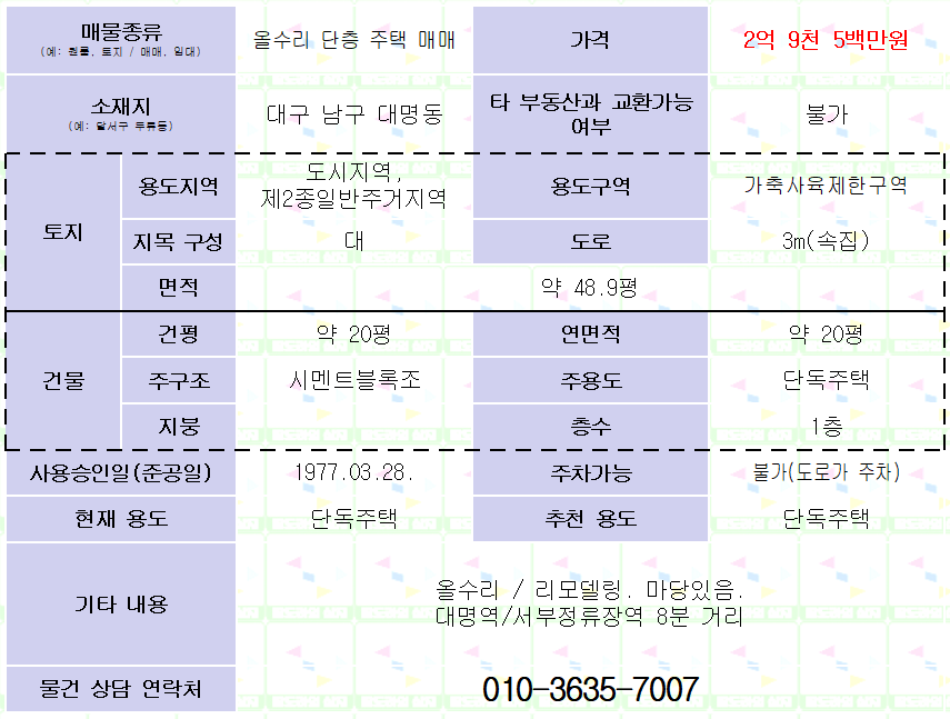 (올수리) 대구 남구 대명역 근처 단층 주택 매매. 방3/욕실1. 2억9천5백만원