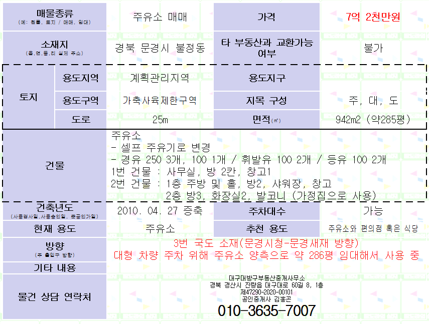 [거래완료] (가격 협의 가능) 경북 문경시 3번 국도 주유소 매매. 7억 2천만원.
