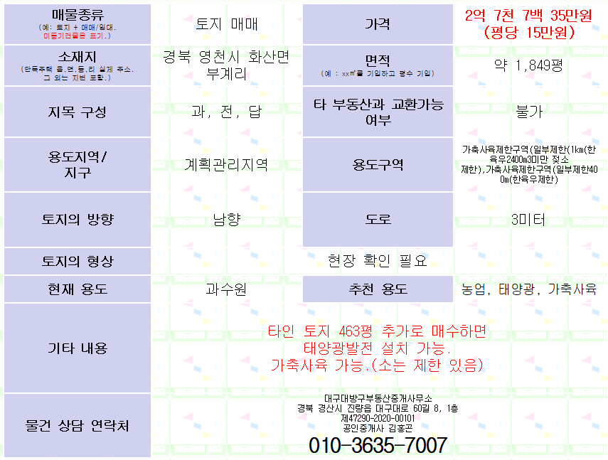 경북 영천 화산면 토지 매매. 태양광 가능. 가축사육가능. 평당 15만원. 매물 사진 5