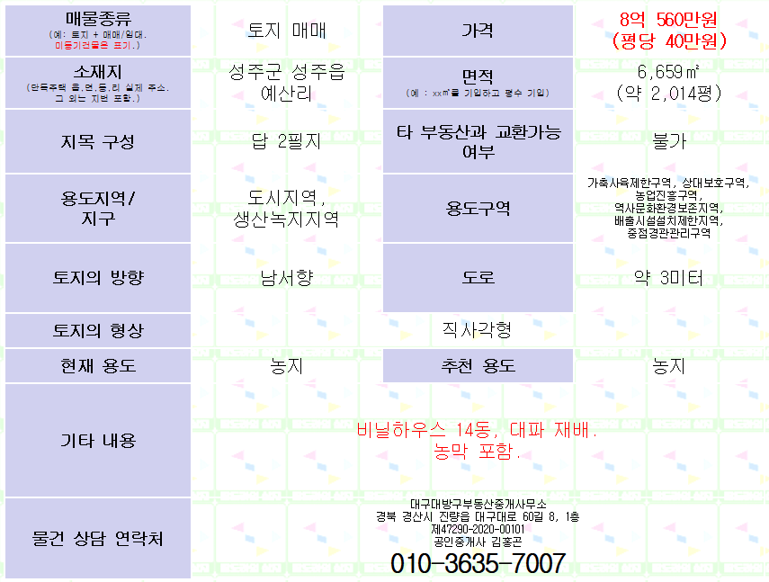 (토지매매) 성주군 성주읍 토지 매매. 2014평. 평당 40만원(조절가능). 매물 사진 4