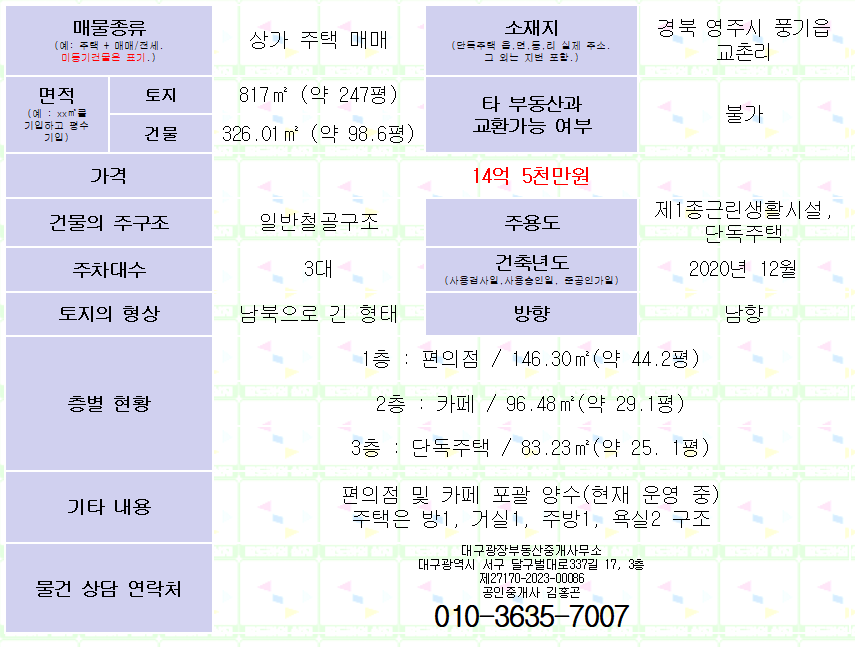 (상가주택 급매)영주시 풍기읍 교촌리. 준신축 3층 . 대247평/연98.6평 매물 사진 4