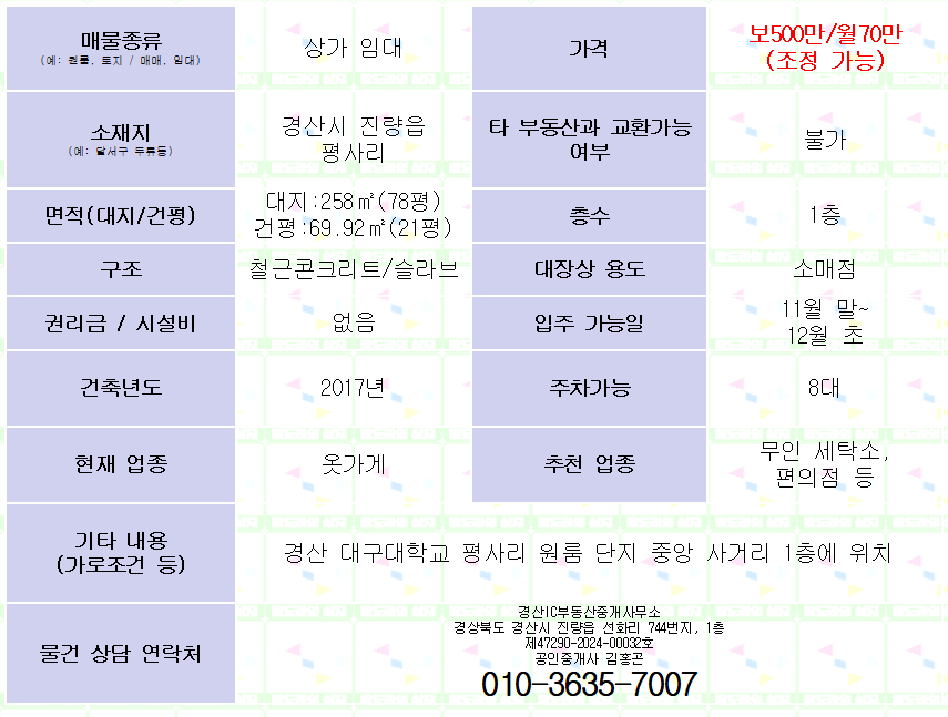 경산 진량 대구대학교 평사리 원룸단지 중앙 사거리 1층 상가 임대. 21평. 무인세탁소, 편의점 추천. 매물 사진 3