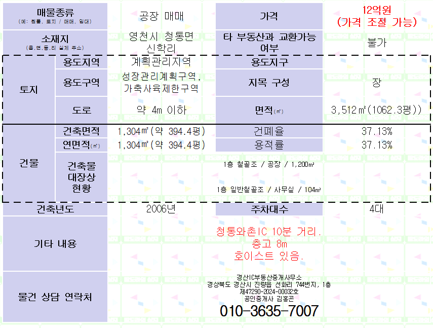 (영천 공장 매매) 청통면. 대지 1062평 / 건평394평. 청통와촌IC 10분거리. 매물 사진 4