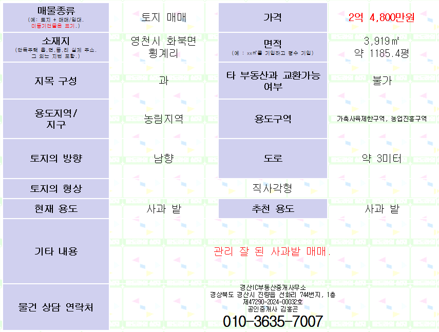 영천시 화북면 횡계리 관리 잘 된 사과밭 매매. 1185평. 매물 사진 5