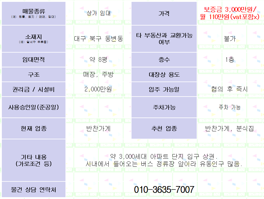 <대구 북구 동서변동 1층 상가임대> 보3,000만 / 월110만 매물 사진 1