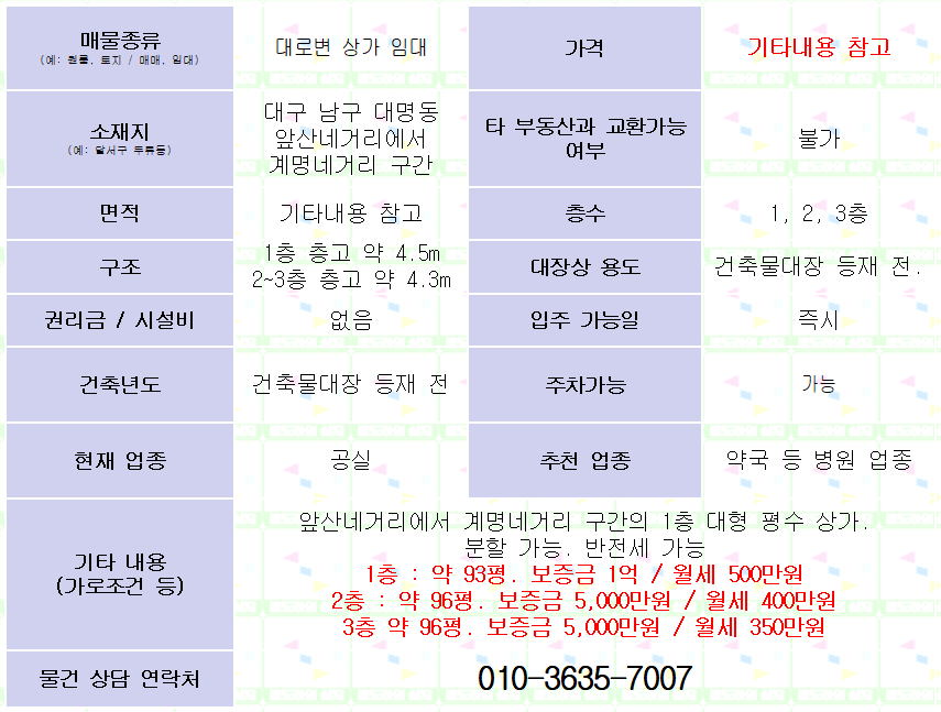 <대구 남구 대명동 상가 임대> 대로변 상가 임대. 병원업종 추천.