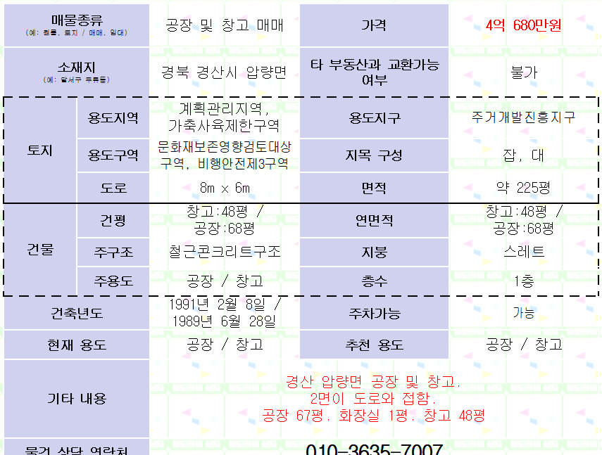 <경산 압량 공장 / 창고 매매> 대지 225평 / 창고 48평, 공장68평 매물 사진 1