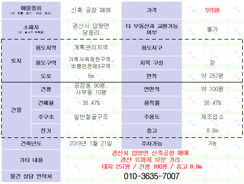 <경산 압량면 당음리 신축 공장 매매> 대 257평 / 건평 100평 / 6m도로 / 층고 8.8m 매물 사진 1
