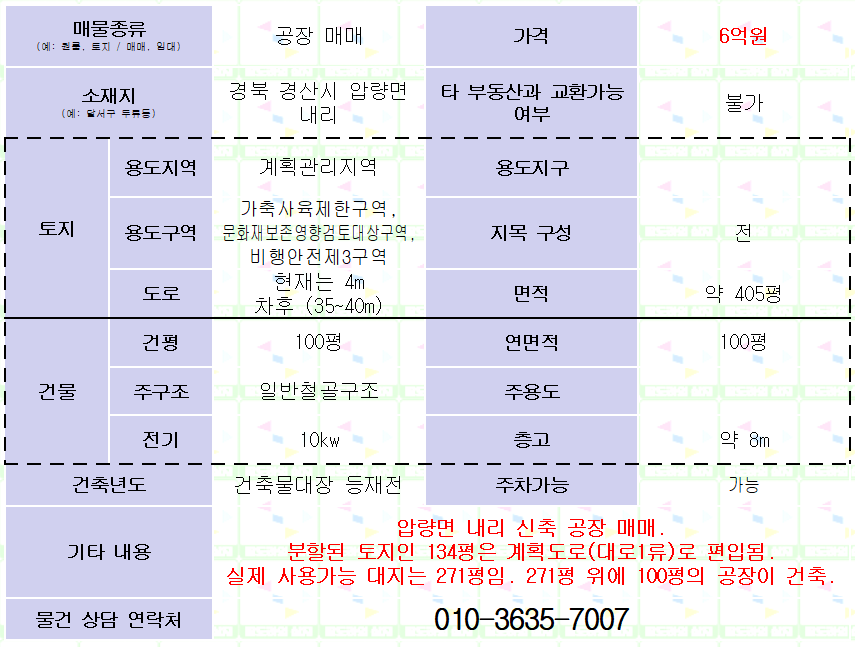 <경산시 압량면 신축공장 매매> 건평 100평. 층고 8m. 전기 10kw. 매매가 6억원.