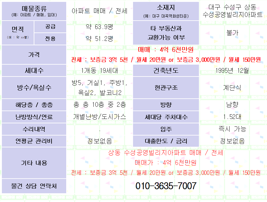 <대구 수성구 상동 수성공영빌리지 아파트 매매/전세> 63평대. 매물 사진 1