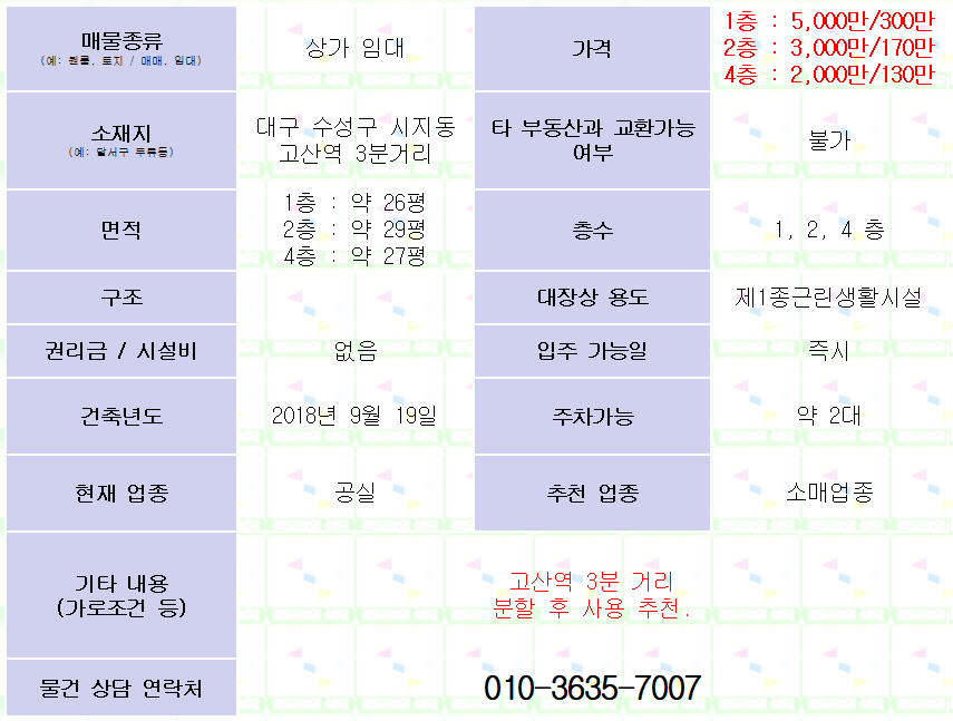 <대구 수성구 시지동 신축 상가 임대> 1,2,4층 임대. 고산역 3분거리. 매물 사진 1