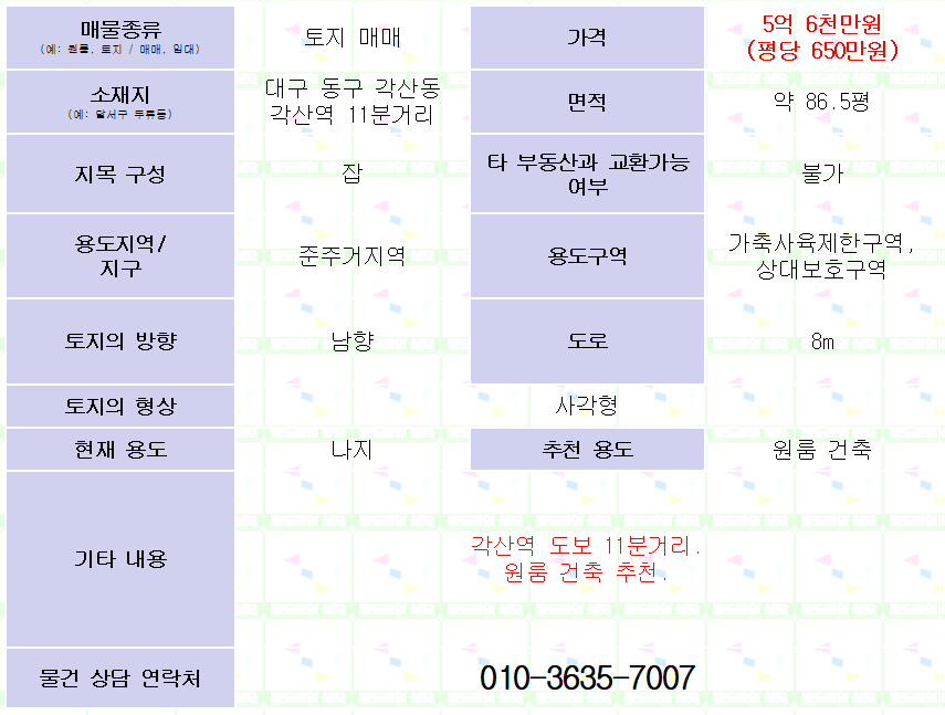 <대구 동구 각산동 토지 매매. 5억 6천만원> 약 86.5평. 원룸 지을 땅 매매. 각산역 11분거리.