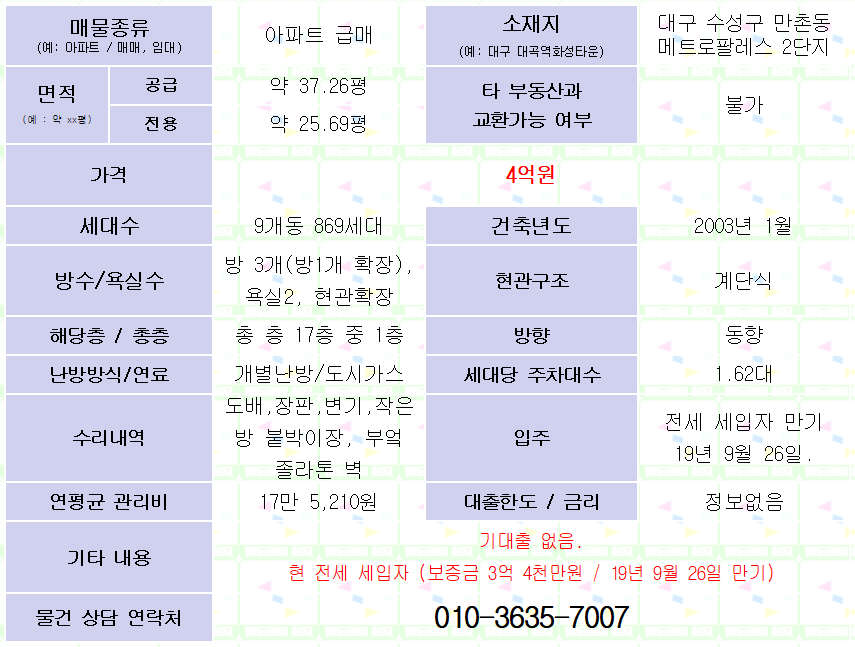 <대구 수성구 만촌동 메트로팔레스 아파트 급매. 4억원> 방3, 욕실2.
