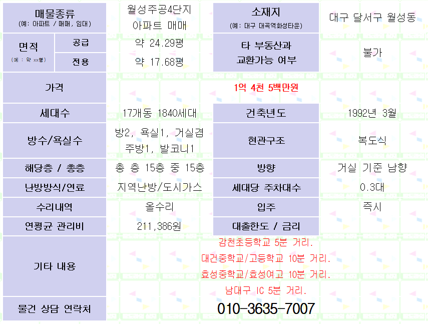 <대구 달서구 월성동 월성주공4단지 아파트 매매. 1억 4천 5백만원> 올수리. 24평대(공급) 매물 사진 1