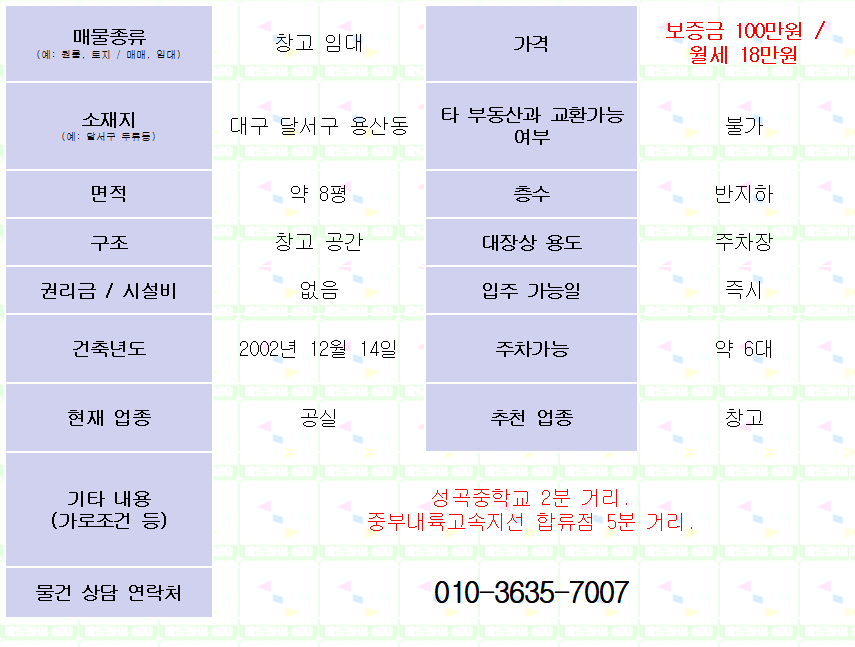 <대구 달서구 용산동 창고 임대. 100/18> 반지하. 약 8평